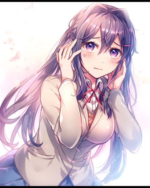 Anime-Bild 720x900 mit doki doki literature club yuri (doki doki literature club) aicedrop single long hair tall image looking at viewer blush fringe simple background hair between eyes standing purple eyes purple hair upper body long sleeves arms up sweat letterboxed girl