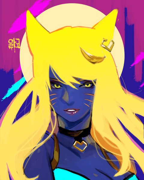 Anime picture 800x1000 with league of legends k/da (league of legends) ahri (league of legends) k/da ahri alraco single long hair tall image looking at viewer animal ears yellow eyes cleavage parted lips fox ears facial mark portrait whisker markings girl choker