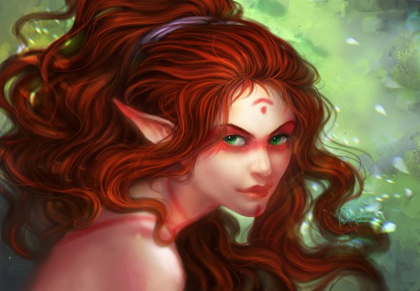 Anime picture 1680x1165 with original anndr (artist) single long hair bare shoulders green eyes signed red hair lips pointy ears tattoo close-up elf face paint freckles girl