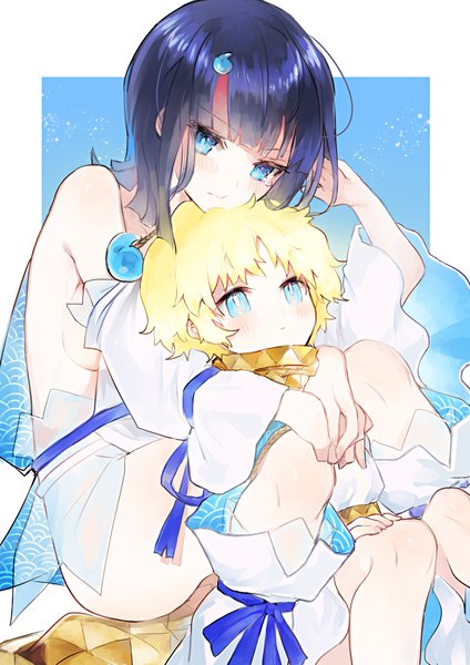 Anime picture 1200x1697 with fate (series) fate/grand order fate/requiem utsumi erise voyager (fate/requiem) kirie nozomi tall image blush short hair breasts blue eyes light erotic blonde hair sitting blue hair multicolored hair arm up streaked hair hug sideboob