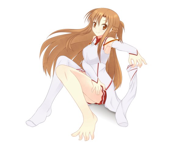 Anime picture 1400x1200 with sword art online a-1 pictures yuuki asuna nagamon single long hair simple background brown hair white background brown eyes legs girl thighhighs detached sleeves white thighhighs