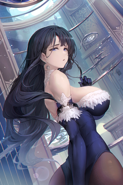 Anime-Bild 800x1200 mit original limeblock single long hair tall image looking at viewer fringe breasts open mouth blue eyes light erotic black hair large breasts standing ass blunt bangs arm up from behind dutch angle floating hair