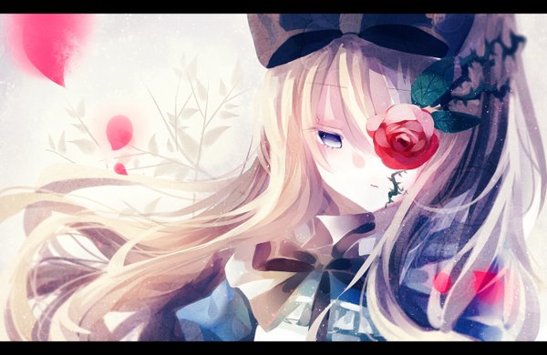 Anime picture 1384x900 with original filiananna single long hair blue eyes blonde hair girl dress flower (flowers) bow hair bow petals