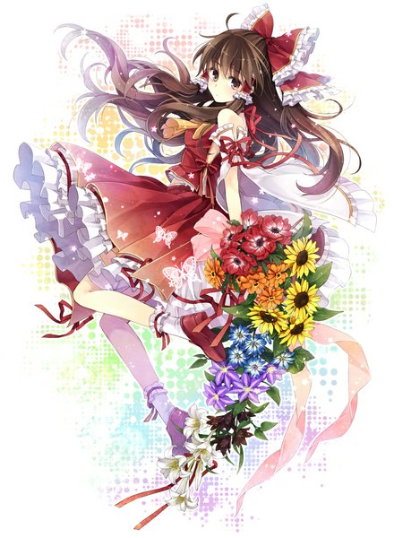 Anime picture 733x1000 with touhou hakurei reimu hagiwara rin single long hair tall image looking at viewer brown hair brown eyes ahoge jumping girl skirt flower (flowers) ribbon (ribbons) bow hair bow detached sleeves socks insect