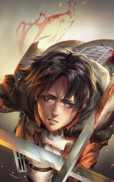 Anime picture 627x1000 with shingeki no kyojin production i.g levi (rivaille) jurikoi single tall image fringe open mouth brown hair holding looking away wind grey background lens flare flying dual wielding dark hair bloody weapon boy uniform