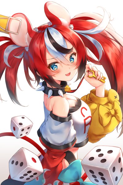 Anime picture 3000x4500 with virtual youtuber hololive hololive english hakos baelz ijac ray single long hair tall image blush fringe highres open mouth blue eyes simple background hair between eyes white background twintails animal ears cleavage red hair