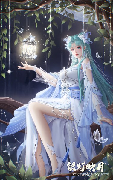 Anime picture 1861x2953 with douluo continent tang wutong (douluo dalu) tagme (artist) single long hair tall image looking at viewer fringe highres sitting bare shoulders signed payot full body bent knee (knees) outdoors blunt bangs hair flower aqua eyes aqua hair