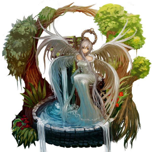 Anime picture 1400x1400 with original cherokee single smile white background white hair very long hair multicolored eyes girl dress flower (flowers) plant (plants) wings tree (trees) water