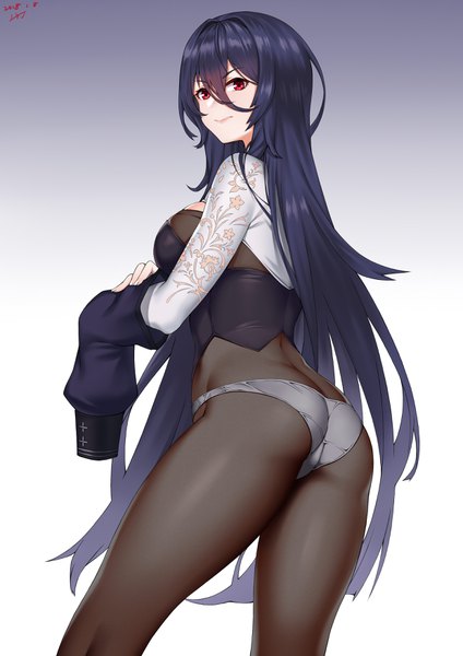 Anime picture 2480x3507 with iron saga oboro (iron saga) zui ai shuang mawei single long hair tall image looking at viewer blush fringe highres breasts light erotic black hair simple background smile hair between eyes red eyes standing signed ass