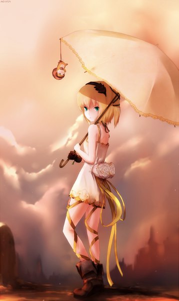 Anime picture 686x1149 with tales of (series) tales of zestiria edna (tales) nekoya (liu) single tall image looking at viewer fringe blue eyes blonde hair bent knee (knees) outdoors looking back one side up girl dress hair ornament ribbon (ribbons) hair ribbon boots