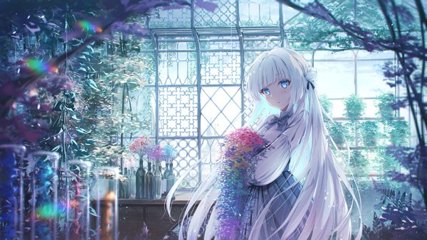 Anime picture 7680x4320 with original daidai (daidai826) single long hair fringe highres blue eyes wide image absurdres white hair blunt bangs multicolored hair hair bun (hair buns) colored inner hair girl flower (flowers) plant (plants) window bottle bouquet