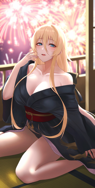 Anime-Bild 1012x2000 mit azur lane bismarck (azur lane) lyche (cramcell) single long hair tall image looking at viewer fringe breasts open mouth blue eyes light erotic blonde hair hair between eyes large breasts sitting bare shoulders indoors traditional clothes japanese clothes