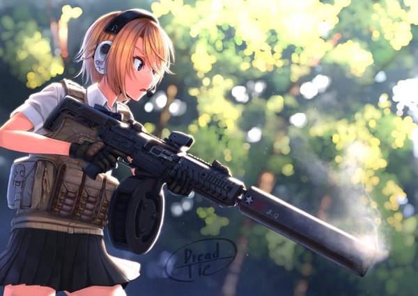 Anime picture 2549x1812 with original dreadtie single fringe highres short hair open mouth blue eyes blonde hair hair between eyes standing holding looking away outdoors pleated skirt short sleeves girl skirt gloves weapon