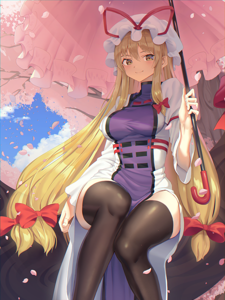 Anime picture 4500x6000 with touhou yakumo yukari goback single long hair tall image looking at viewer fringe highres breasts blonde hair smile hair between eyes large breasts sitting holding yellow eyes payot absurdres sky