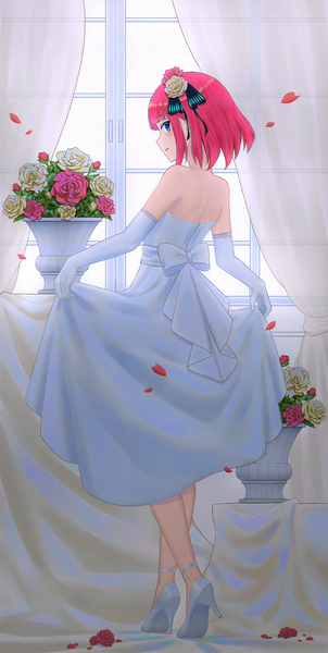 Anime picture 1966x3908 with go-toubun no hanayome nakano nino yihsien single tall image looking at viewer blush fringe highres short hair blue eyes standing pink hair full body indoors blunt bangs profile looking back hair flower high heels