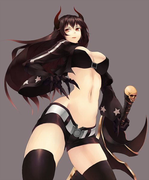 Anime picture 960x1160 with black rock shooter black gold saw reibun (raven1119) single long hair tall image breasts open mouth light erotic black hair simple background red eyes looking away horn (horns) from below girl thighhighs gloves weapon sword
