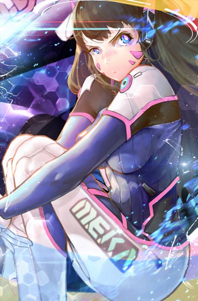 Anime picture 2309x3508 with overwatch blizzard entertainment d.va (overwatch) luviantree single long hair tall image blush fringe highres breasts blue eyes brown hair large breasts looking away bent knee (knees) facial mark whisker markings leg hug girl