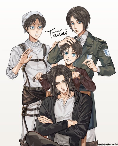 Anime picture 1300x1600 with shingeki no kyojin production i.g eren yaeger tomai long hair tall image short hair blue eyes black hair simple background smile standing white background sitting signed multiple boys twitter username grin dated crossed arms