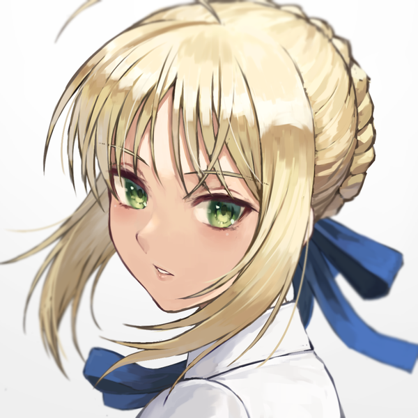 Anime picture 1014x1014 with fate (series) fate/stay night artoria pendragon (all) saber fagi (kakikaki) single long hair simple background white background green eyes upper body ahoge very long hair portrait girl ribbon (ribbons) hair ribbon
