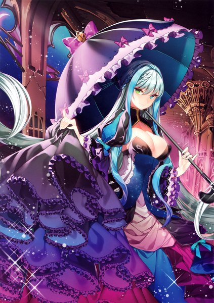 Anime picture 2445x3469 with original roh nam kyung single tall image looking at viewer fringe highres breasts large breasts blue hair cleavage silver hair very long hair multicolored hair scan heterochromia gradient hair girl dress bow