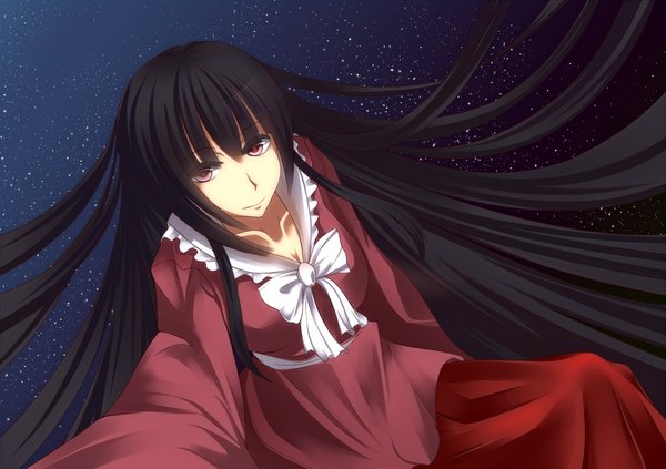 Anime picture 1000x706 with touhou karube karu single long hair looking at viewer black hair red eyes night girl dress