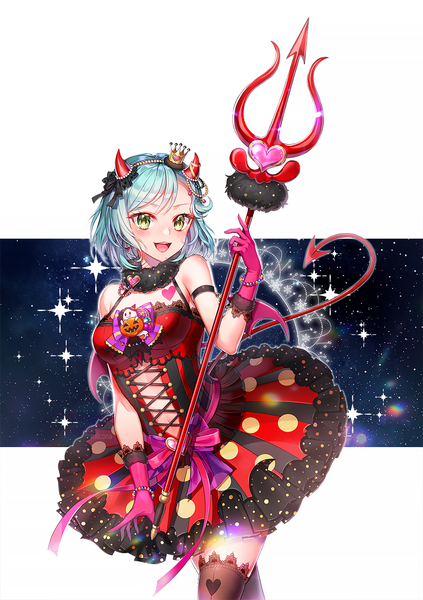 Anime picture 874x1240 with bang dream! hikawa hina milcona single tall image blush short hair open mouth white background holding green eyes tail :d horn (horns) aqua hair sparkle halloween demon tail girl thighhighs