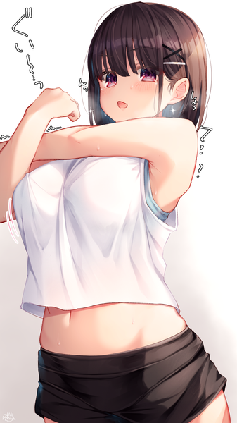 Anime picture 1152x2048 with original childhood friend-chan (ramchi) ramchi single tall image looking at viewer blush fringe short hair open mouth light erotic simple background hair between eyes brown hair standing white background purple eyes bare shoulders signed sunlight