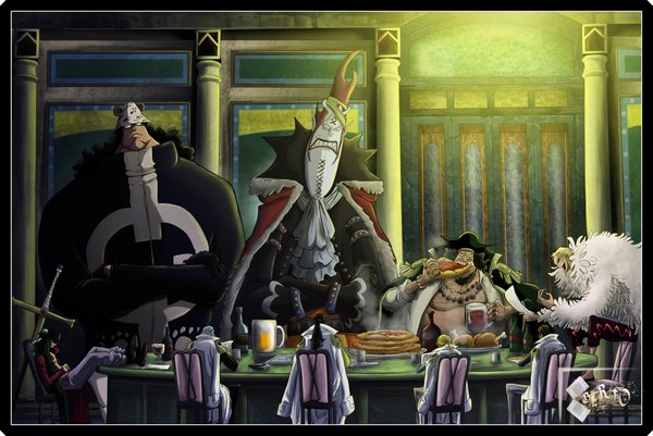 Anime picture 2232x1492 with one piece toei animation tagme (character) donquixote doflamingo dracule mihawk gecko moria marshall d teach bartholomew kuma oda eiichirou diabolumberto highres crossed arms eating framed pirate colored underwear panties sword food