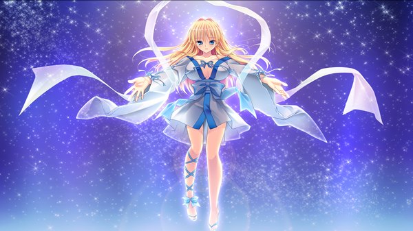 Anime picture 2560x1440 with manatsu no yoru no yuki monogatari kagamatsuri koromo mikeou long hair blush highres blue eyes blonde hair wide image game cg girl dress