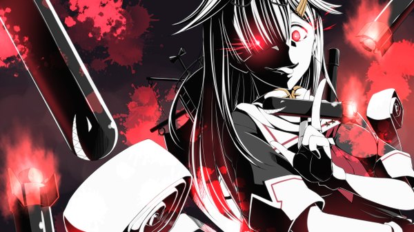 Anime picture 1280x720 with kantai collection yuudachi destroyer ataru (cha2batake) single long hair looking at viewer fringe open mouth red eyes wide image short sleeves monochrome remodel (kantai collection) girl hair ornament weapon tongue hairclip missile
