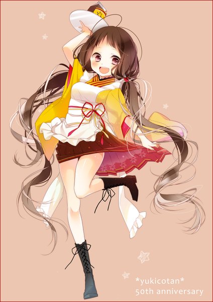 Anime picture 1240x1754 with yukijirushi yukiko-tan naoto (tulip) single tall image blush open mouth brown hair purple eyes twintails very long hair low twintails anniversary girl dress boots