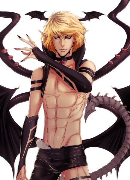 Anime picture 800x1104 with divineimmortality tall image looking at viewer short hair light erotic blonde hair brown eyes tail fingernails lips pointy ears bare belly groin long fingernails muscle black wings bat wings demon wings head wings demon