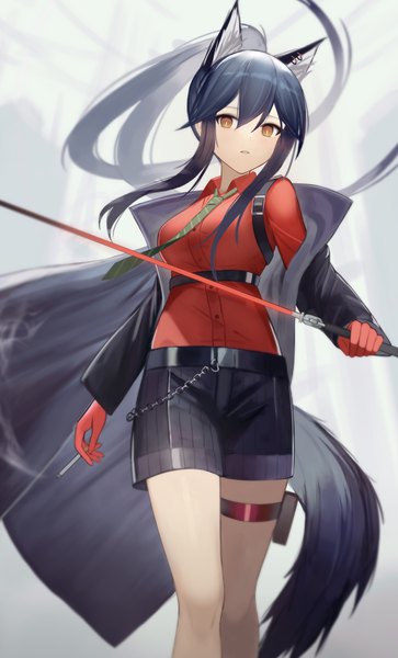 Anime picture 1404x2323 with arknights texas (arknights) texas (willpower) (arknights) teruru (teruru0321) single long hair tall image looking at viewer fringe black hair hair between eyes payot ponytail orange eyes official alternate costume girl gloves weapon shirt sword