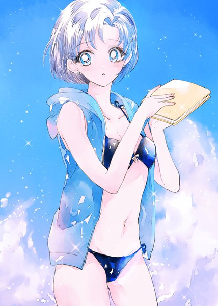 Anime picture 1000x1400 with bishoujo senshi sailor moon toei animation mizuno ami ahma single tall image blush short hair blue eyes standing bare shoulders holding blue hair looking away sky cloud (clouds) outdoors sparkle groin girl