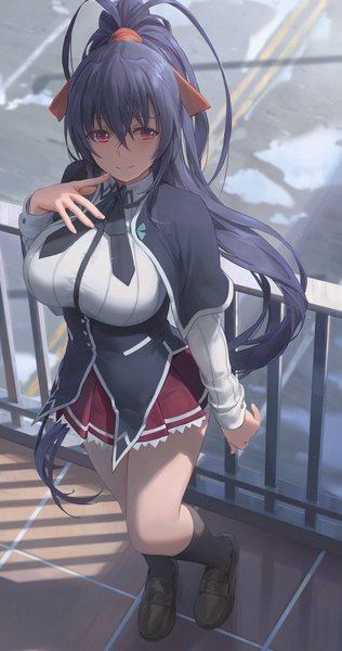 Anime picture 2160x4096 with highschool dxd himejima akeno free style (yohan1754) single long hair tall image blush fringe highres breasts smile hair between eyes large breasts looking away purple hair full body bent knee (knees) outdoors ponytail long sleeves