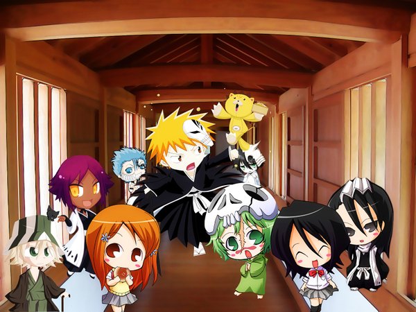 Anime picture 1600x1200 with bleach studio pierrot kurosaki ichigo kuchiki rukia inoue orihime ulquiorra schiffer kuchiki byakuya shihouin yoruichi grimmjow jeagerjaques nelliel tu odelschwanck urahara kisuke group chibi espada toy stuffed animal kenseikan