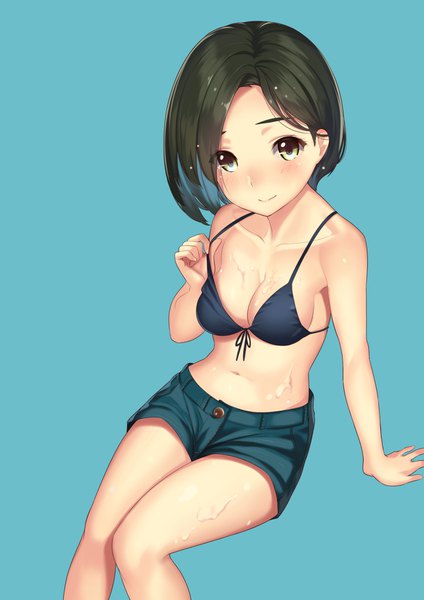 Anime picture 1280x1811 with original kagematsuri single tall image looking at viewer blush short hair breasts light erotic simple background smile sitting green eyes green hair from above arm support blue background bikini pull girl navel