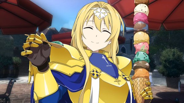 Anime picture 1200x675 with sword art online sword art online: alicization a-1 pictures alice zuberg tagme (artist) single long hair fringe blonde hair smile hair between eyes wide image holding payot sky upper body outdoors eyes closed official art ^ ^