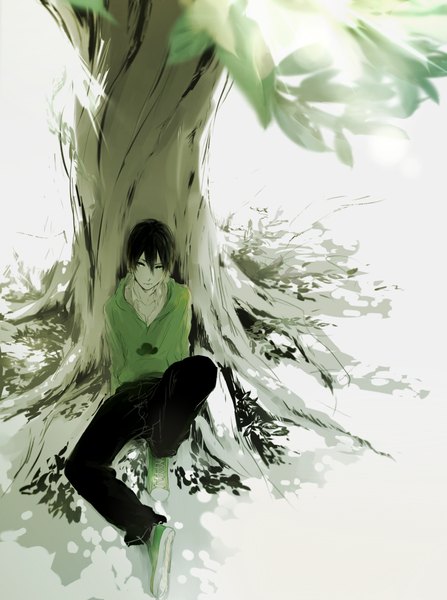 Anime picture 1500x2010 with osomatsu-san matsuno choromatsu asarai single tall image fringe black hair hair between eyes sitting green eyes looking away bent knee (knees) from above open collar boy plant (plants) shirt tree (trees) shoes white shirt