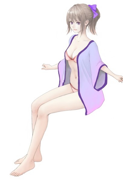Anime picture 1096x1615 with original erurodo (artist) single long hair tall image fringe light erotic simple background brown hair white background sitting purple eyes bent knee (knees) ponytail barefoot light smile open clothes bare legs legs girl