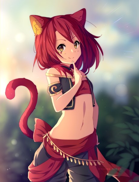 Anime picture 752x980 with original hyanna-natsu single long hair tall image breasts smile animal ears yellow eyes red hair tail animal tail cat ears midriff cat girl cat tail finger to mouth flat chest girl navel