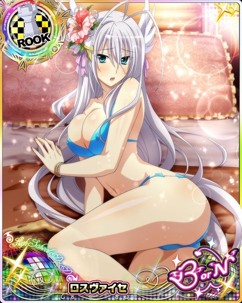 Anime picture 640x800 with highschool dxd rossweisse single long hair tall image looking at viewer blush breasts blue eyes light erotic ass white hair hair flower card (medium) girl navel hair ornament flower (flowers) swimsuit bikini