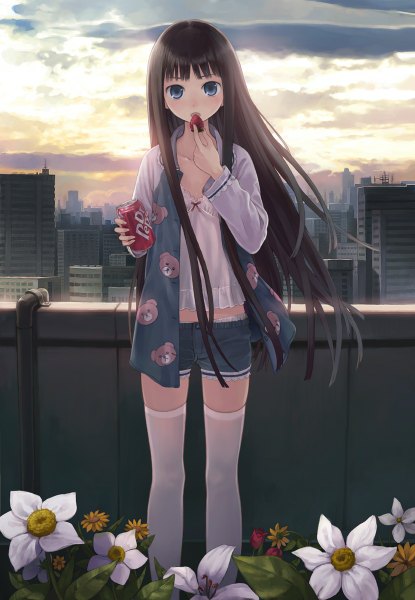 Anime picture 830x1200 with kamisama no memochou dr pepper shionji yuuko (alice) kishida mel long hair tall image looking at viewer blush blue eyes black hair cloud (clouds) city girl thighhighs flower (flowers) white thighhighs food shorts berry (berries) pajamas
