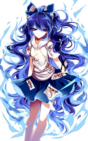 Anime picture 2000x3200 with touhou yorigami shion sheya single tall image looking at viewer fringe highres blue eyes hair between eyes white background very long hair short sleeves curly hair girl skirt bow hair bow hood hoodie