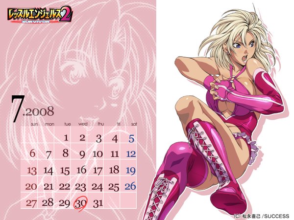 Anime picture 1600x1200 with wrestle angels wrestle angels survivor 2 homare (artist) highres breasts open mouth light erotic blonde hair large breasts purple eyes wallpaper cleavage cutout asymmetrical clothes calendar 2008 gloves earrings boots fingerless gloves jewelry calendar