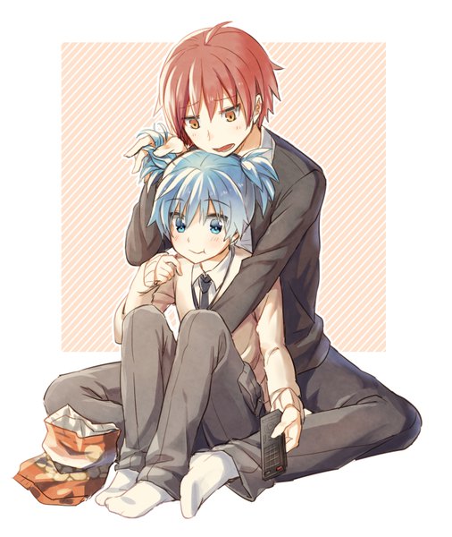 Anime picture 717x850 with ansatsu kyoushitsu shiota nagisa akabane karma mame denkyuu tall image looking at viewer blush short hair open mouth blue eyes sitting twintails brown eyes blue hair full body ahoge bent knee (knees) red hair head tilt multiple boys