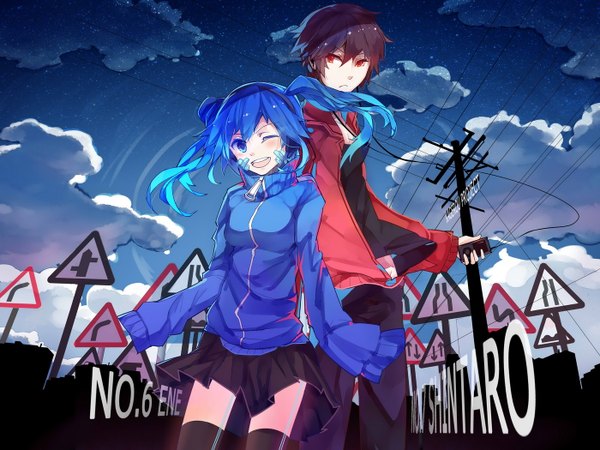 Anime-Bild 1400x1050 mit kagerou project shaft (studio) ipod ene (kagerou project) kisaragi shintarou rain lan looking at viewer blush short hair open mouth black hair red eyes twintails blue hair sky cloud (clouds) long sleeves one eye closed wink character names