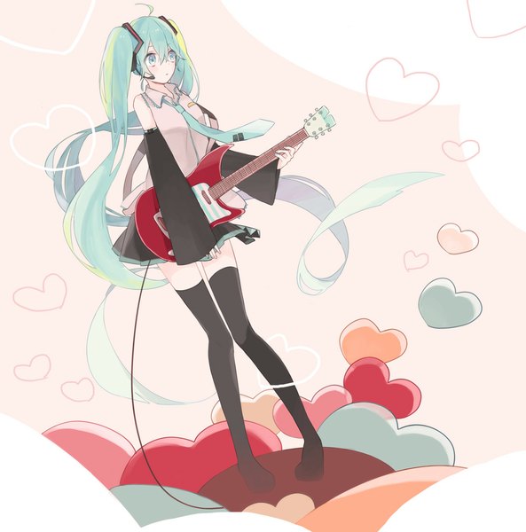 Anime picture 1000x1012 with vocaloid hatsune miku gomi chiri single tall image blush blue eyes twintails ahoge very long hair pleated skirt aqua hair girl thighhighs black thighhighs detached sleeves heart wire (wires) guitar