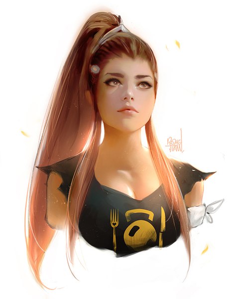 Anime picture 700x871 with overwatch blizzard entertainment brigitte (overwatch) rossdraws (ross tran) single long hair tall image breasts brown hair white background brown eyes signed payot looking away cleavage ponytail realistic portrait girl dress