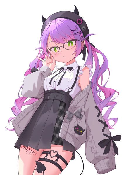 Anime picture 4961x7016 with virtual youtuber hololive tokoyami towa tokoyami towa (jirai kei) quarterlift single long hair tall image highres simple background white background twintails green eyes absurdres purple hair tail pleated skirt multicolored hair pointy ears from below